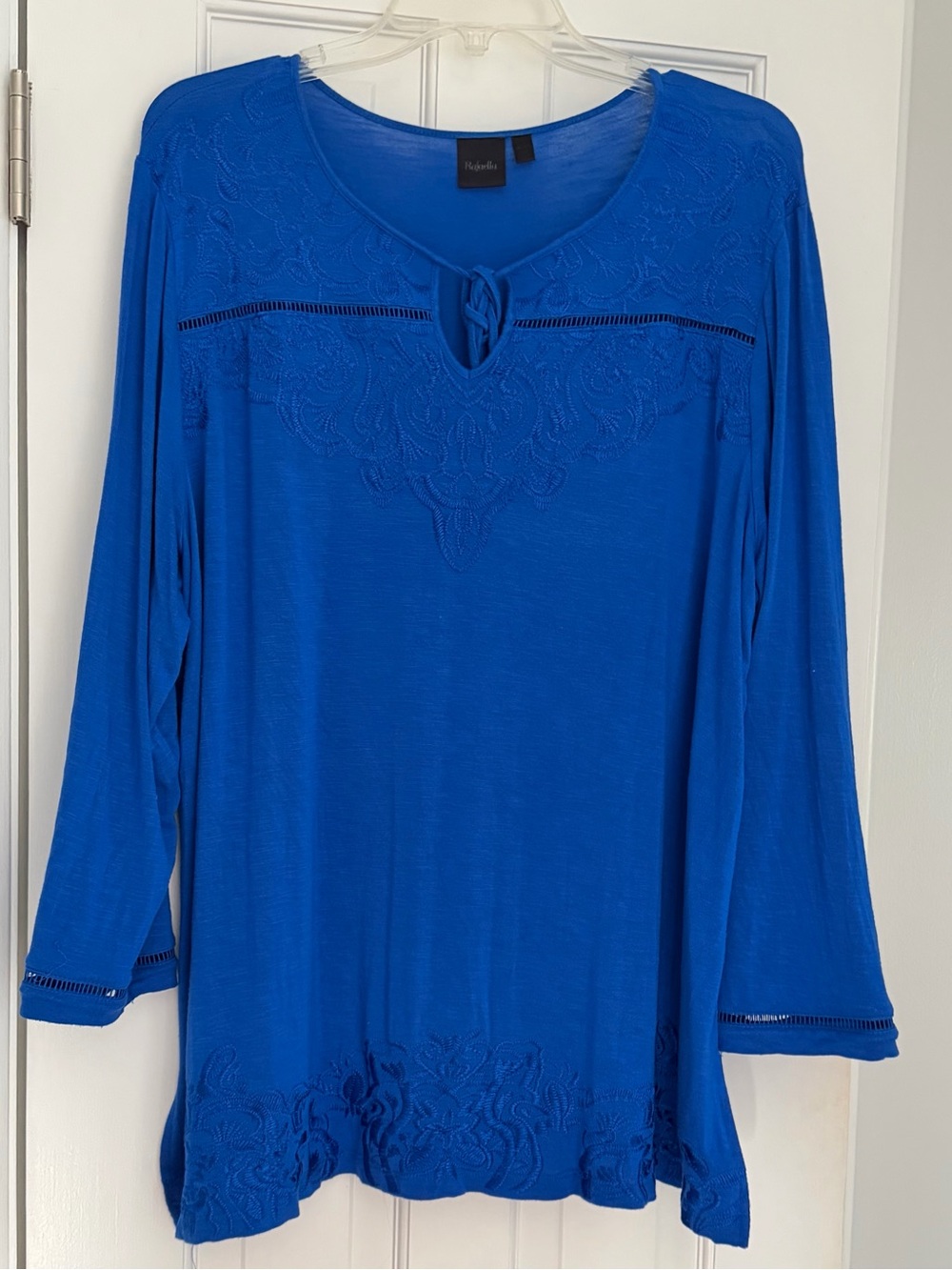 Rafaella Royal Blue Long-Sleeve Embroidered Keyhole Top